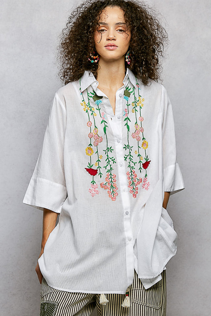 Ivory Pol Floral Embroidered Half Sleeve Cotton Shirt 1