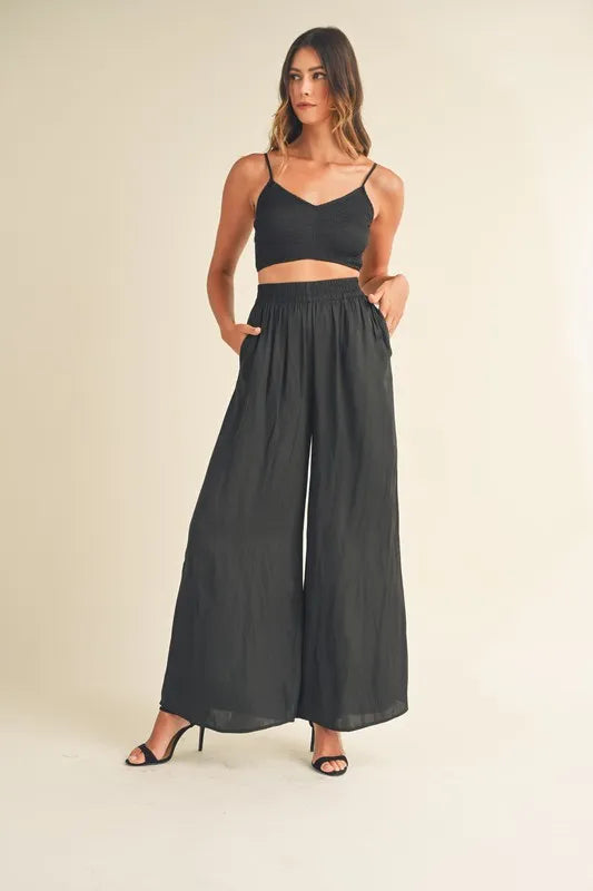 Black Mable Smocked Bralette Crop Top And Wide Leg Pants Set
