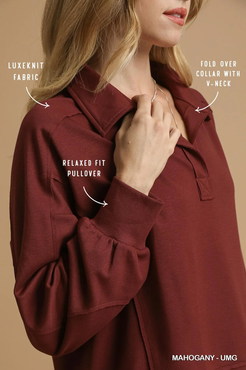 Mahogany Umgee Exposed Seam Long Sleeve Polo Top With Side Slit