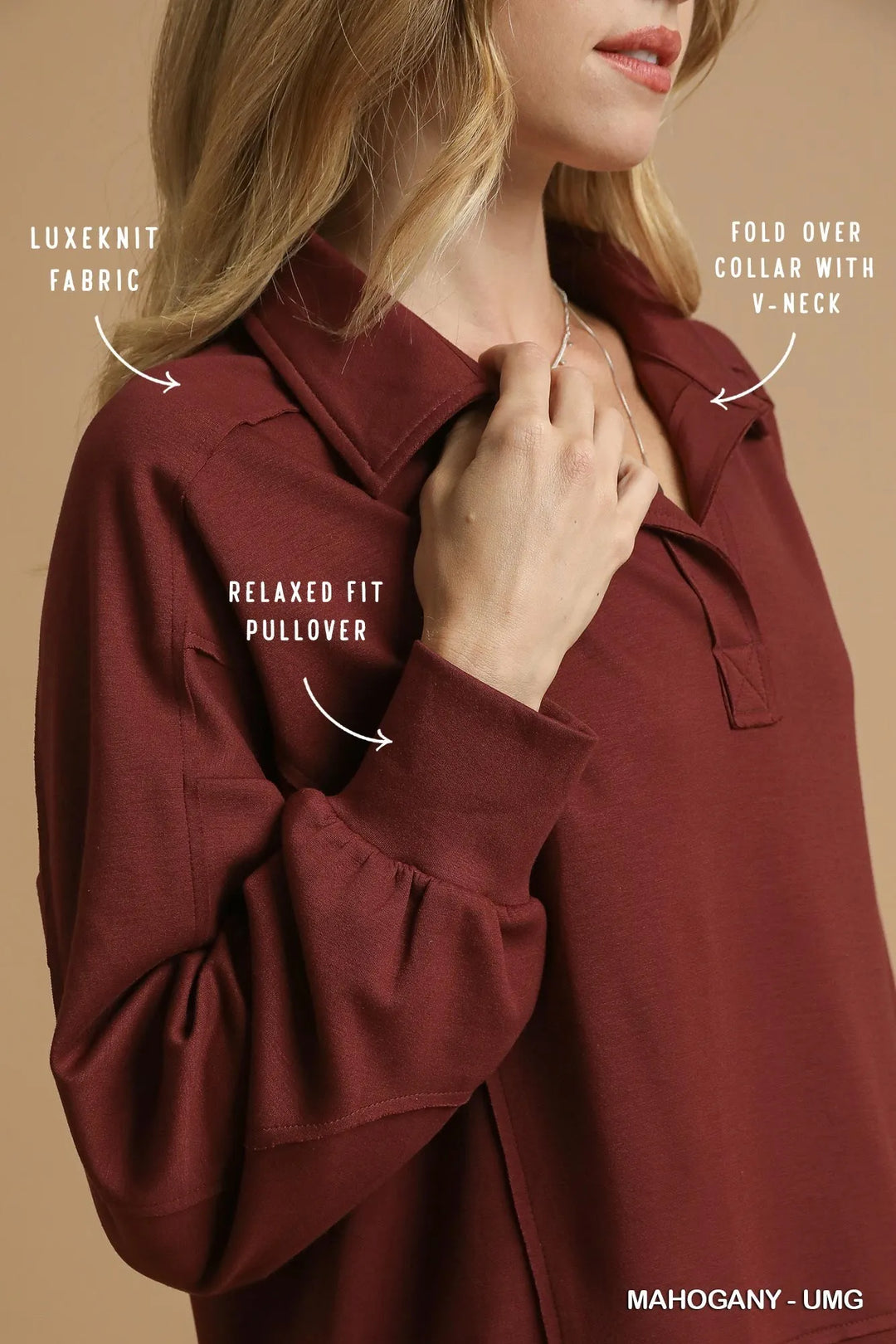 Mahogany Umgee Exposed Seam Long Sleeve Polo Top With Side Slit