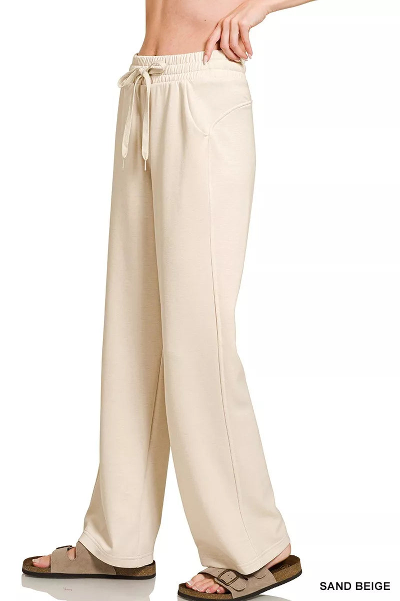 Sand Beige Zenana Scuba Drawstring Wide Leg Pants