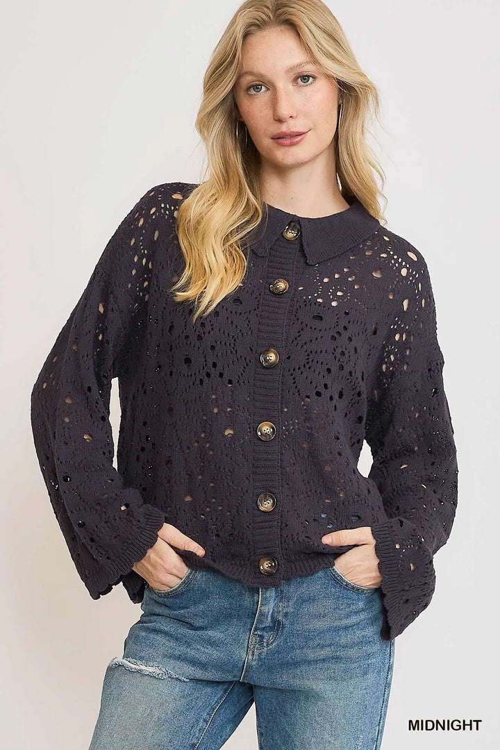 Midnight Umgee Hollow Out Button Down Cardigan