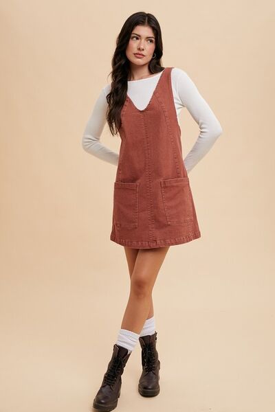 Annie Wear V Neck Adjustable Strap Denim Overall Dress With Pockets