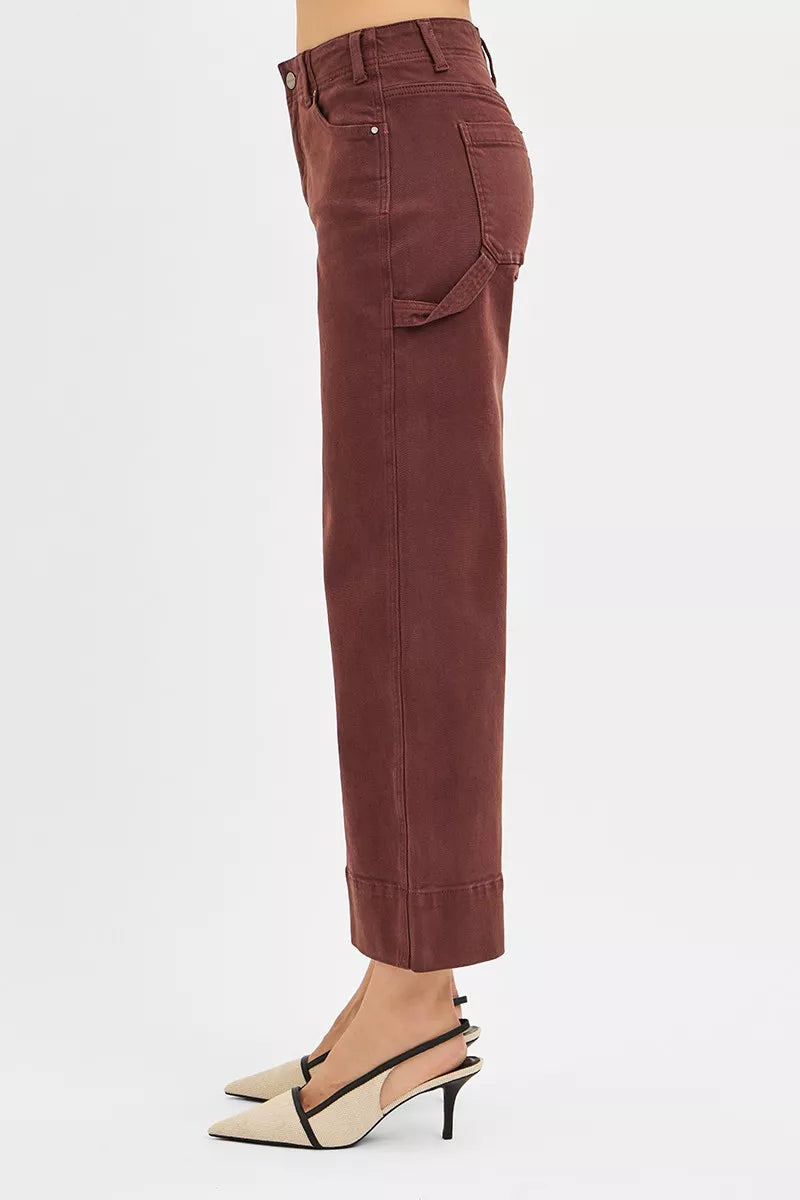 Choco Brown Risen Tummy Control High Rise Crop Wide No Waist Band Pants