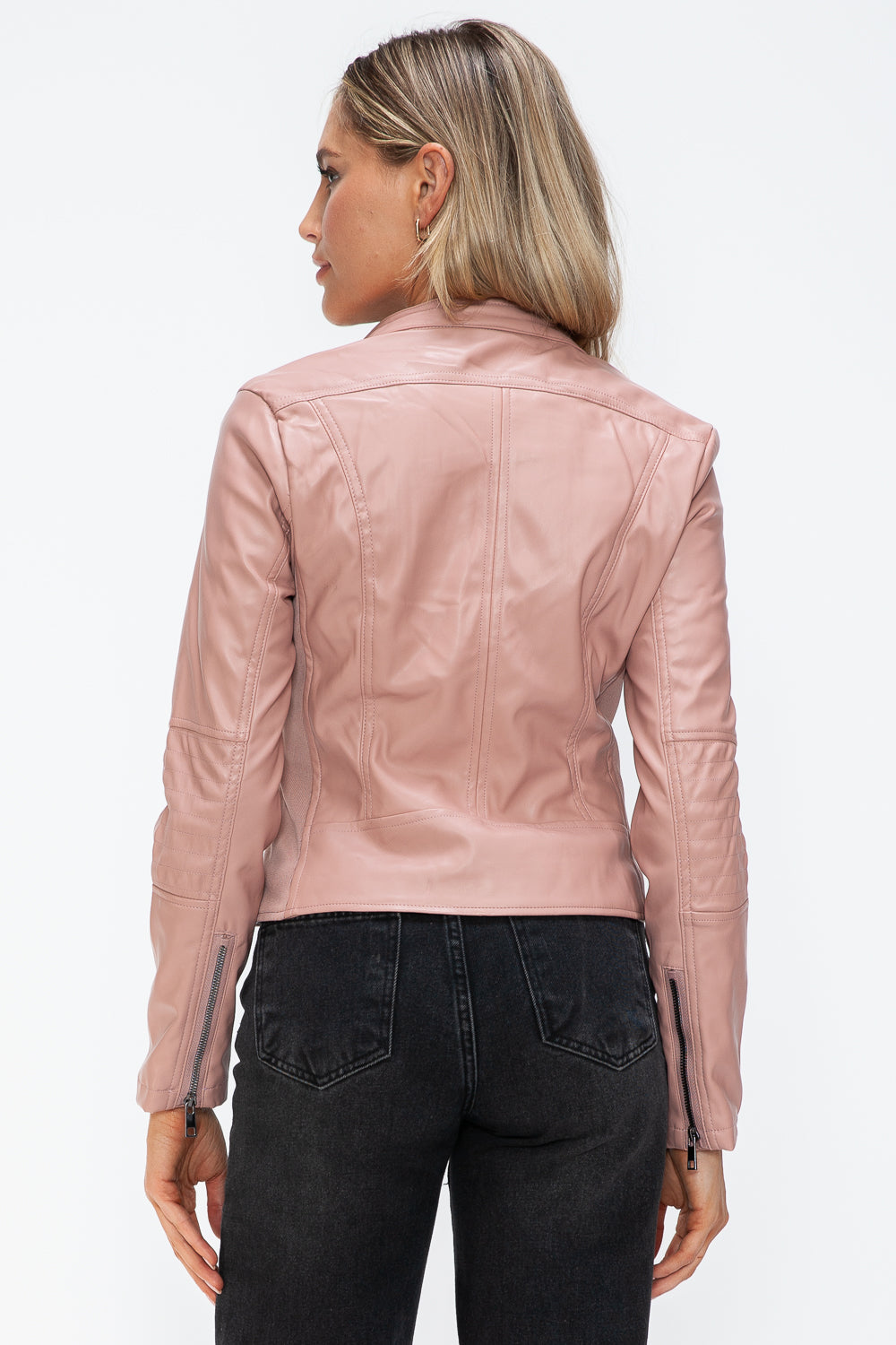 Snobbish Faux Leather Zip Up Drawstring Hooded Jacket 4