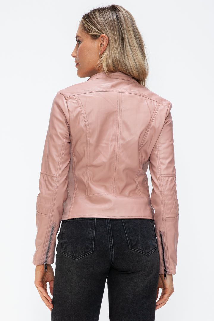 Snobbish Faux Leather Zip Up Drawstring Hooded Jacket 4