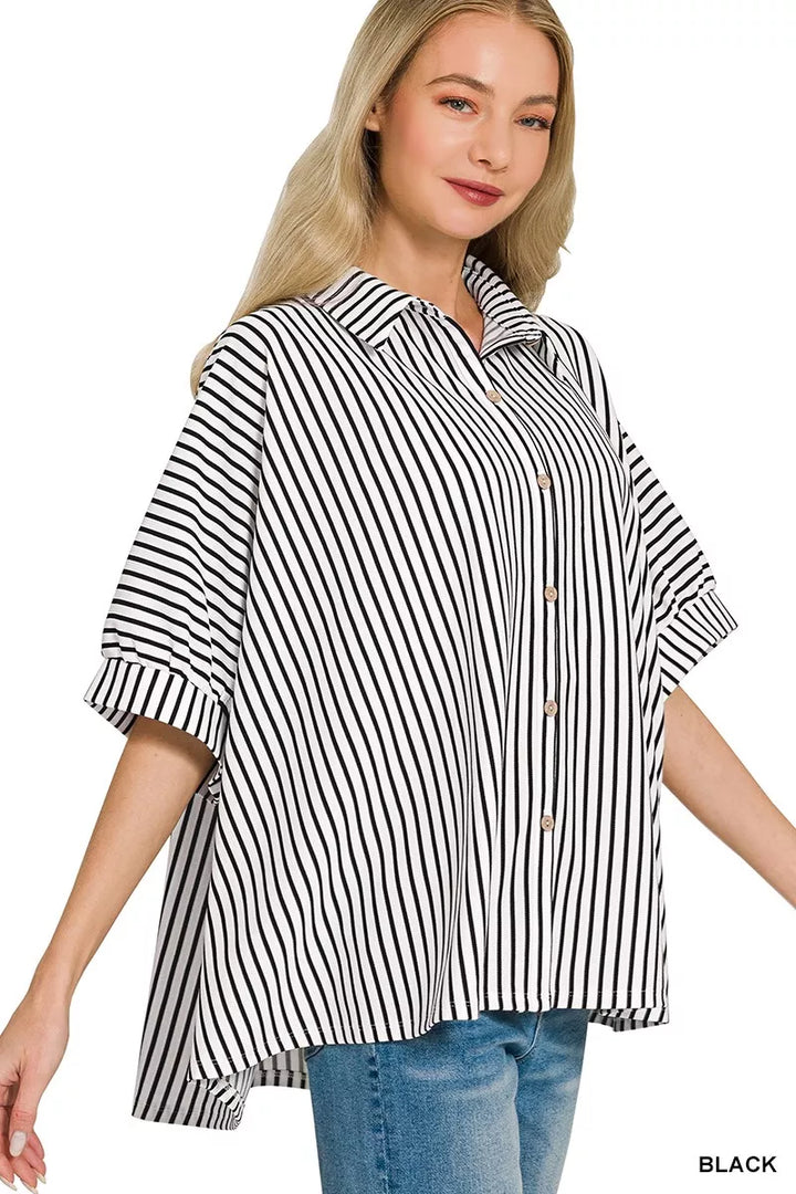 Black Zenana Oversized Stripe Button Down Shirt