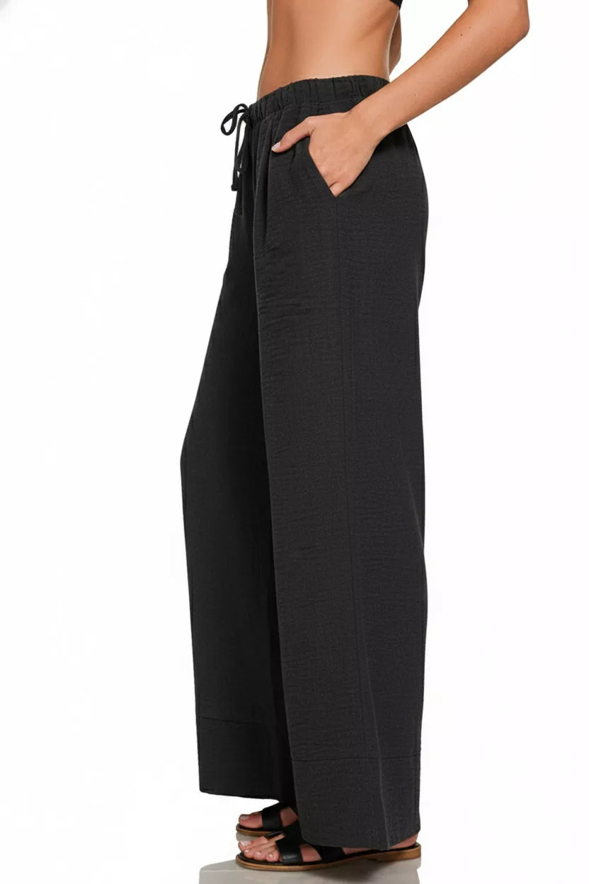 Black Zenana Woven Airflow Drawstring Pants 2