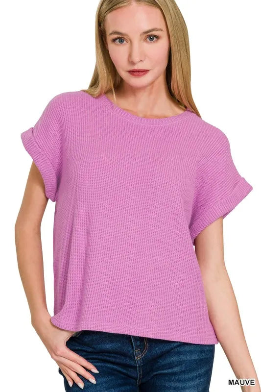 Mauve Zenana Rolled Sleeve Top And Pants Sweater Set