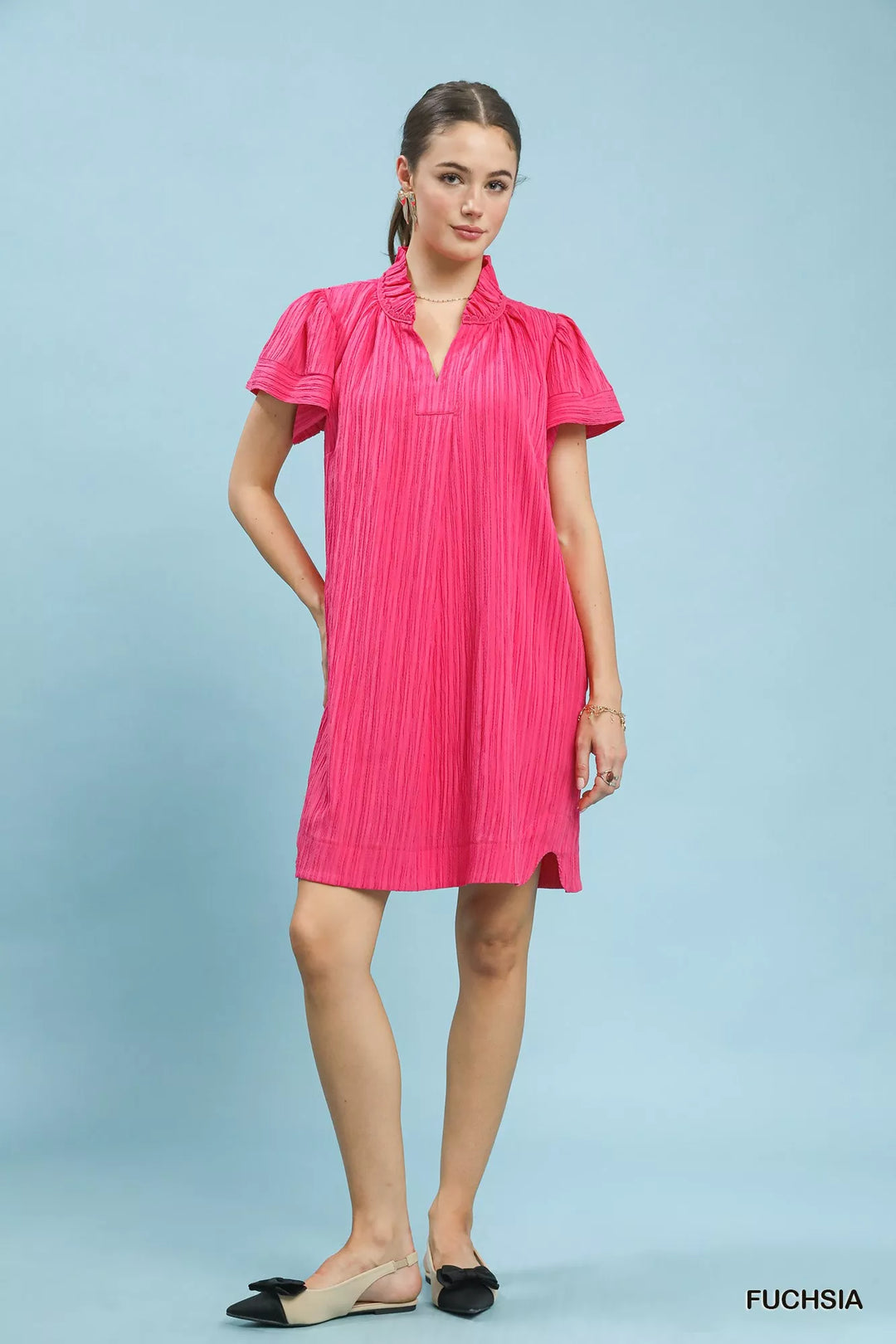 Umgee Flutter Sleeve V Neck Shift Dress 1