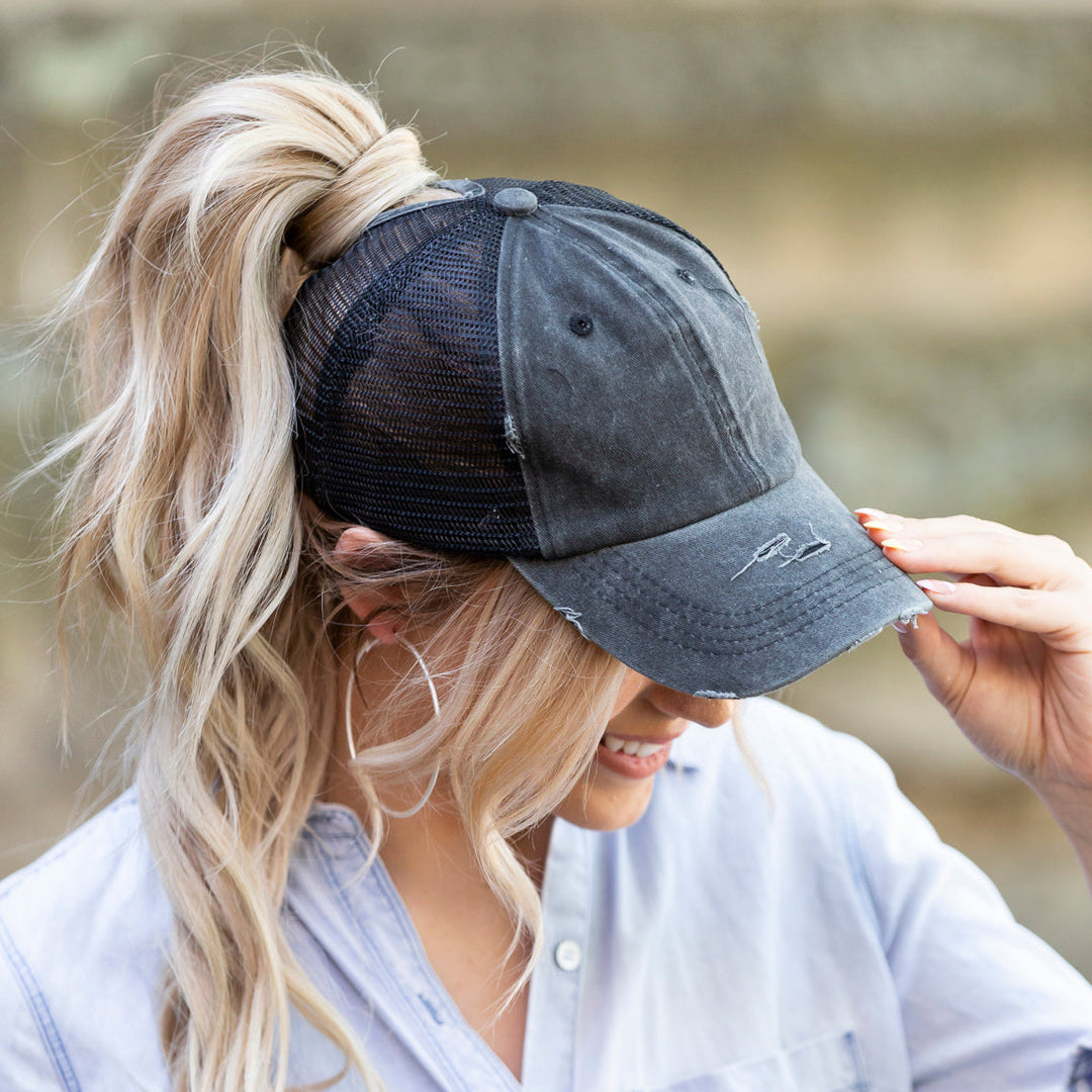 Black Distressed Messy Bun Hat Cap 1