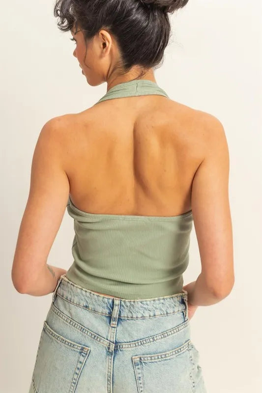 Sage Green Hyfve Halter Neck Buttoned Washed Top 2