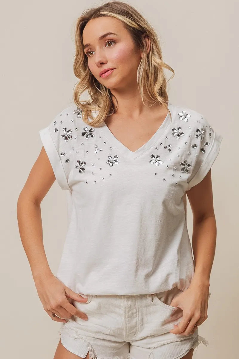Bibi Slub Jersey Rhinestone V Neck Top