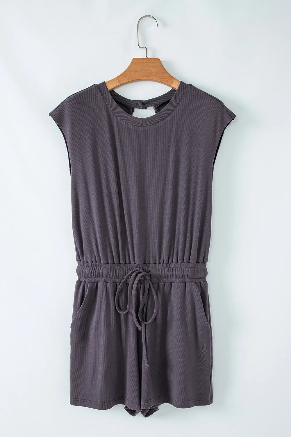 Knit Open Back Cap Sleeve Drawstring Romper