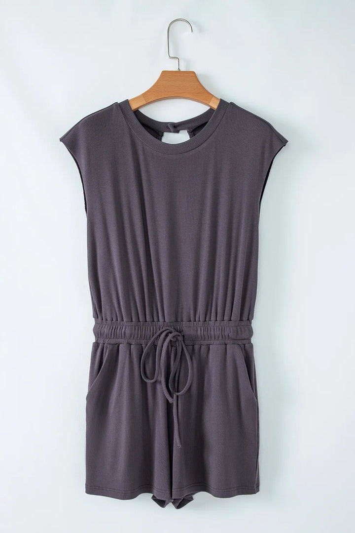 Knit Open Back Cap Sleeve Drawstring Romper