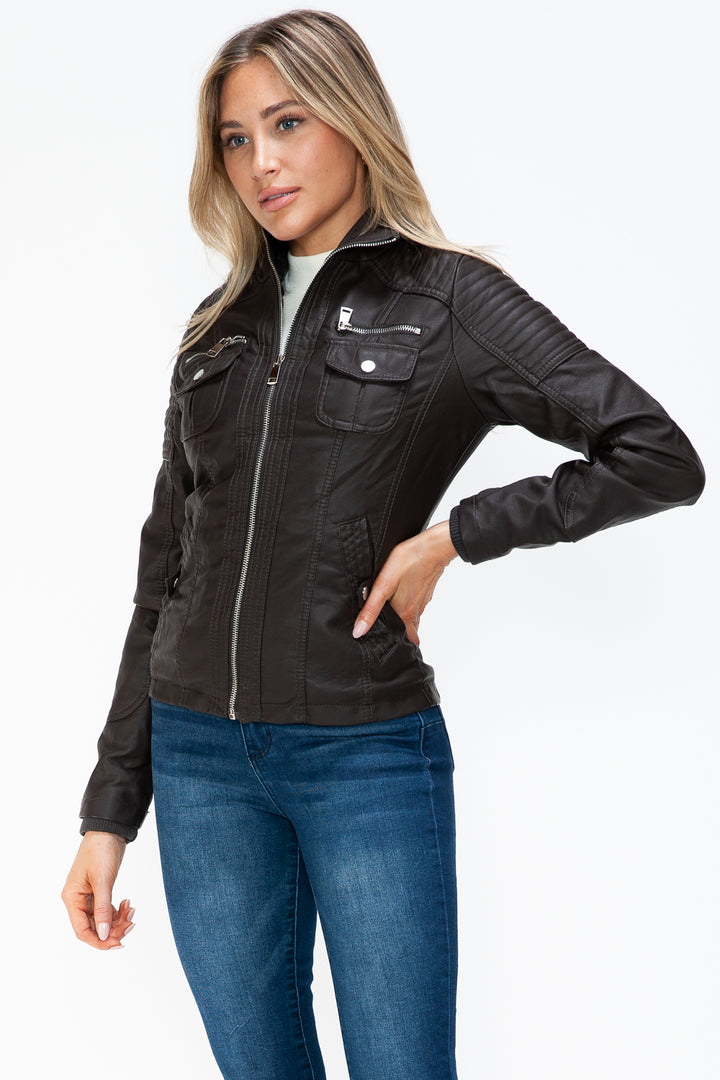 Ymi Removable Faux Layered Multi Pocket Jacket With Fuzzy Hood 3