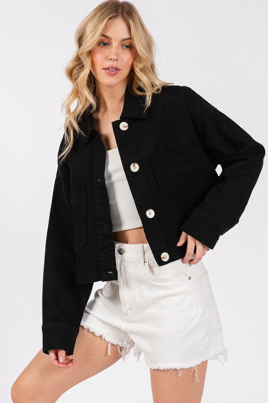 Black Bytos Button Down Cropped Denim Jacket With Patch Pockets 1