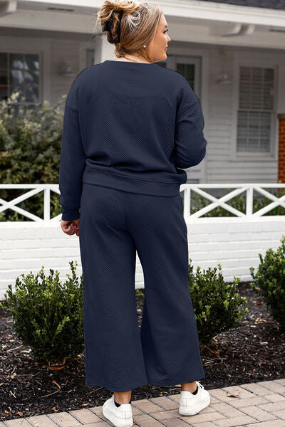 Green Double Take Full Size Textured Long Sleeve Top And Drawstring Pants Set