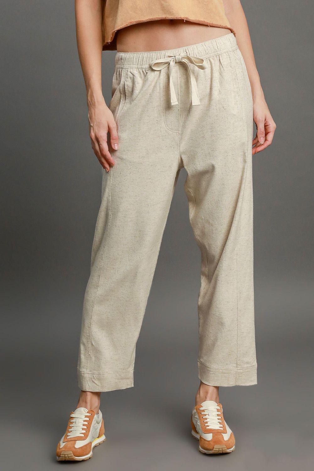OATMEAL Umgee Full Size Drawstring Elastic Waistband Linen Blend Pants Plus Size
