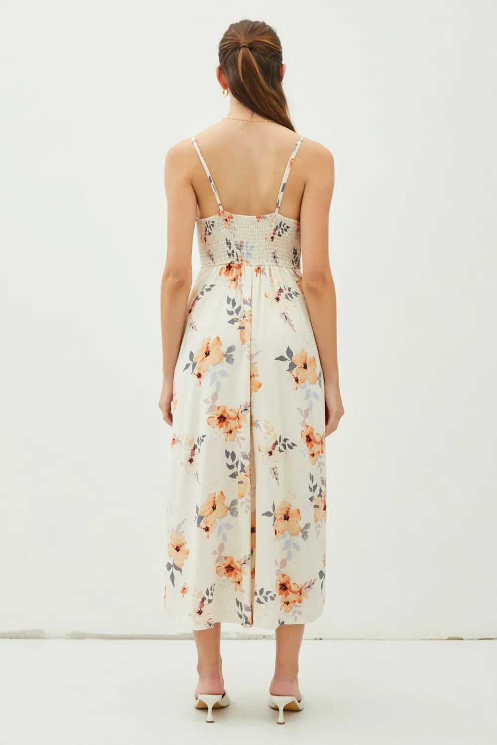 Peach Hibiscus Be Cool Floral Button Down Cami Midi Dress