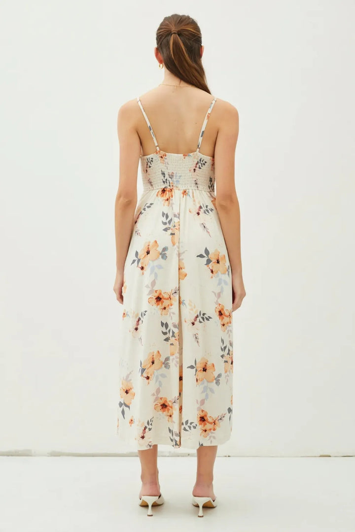 Peach Hibiscus Be Cool Floral Button Down Cami Midi Dress