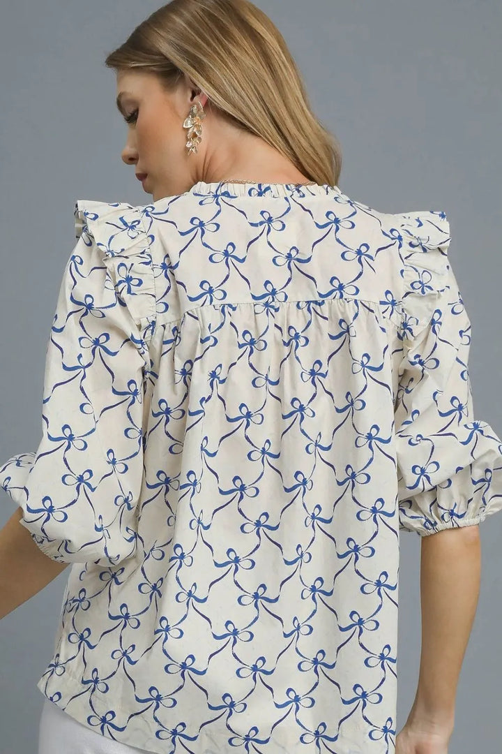 Royal Blue Umgee Ruffled Bow Print Notched Blouse 1