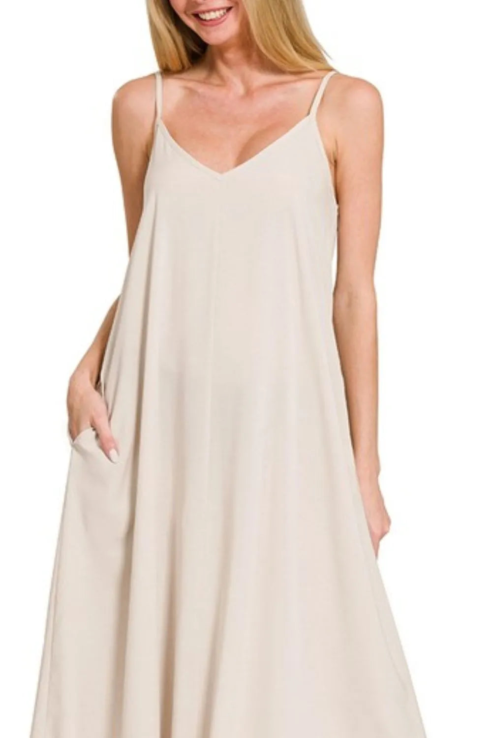 Sand Beige Zenana Woven Arc Hem Cami Dress With Flowy Pockets 4