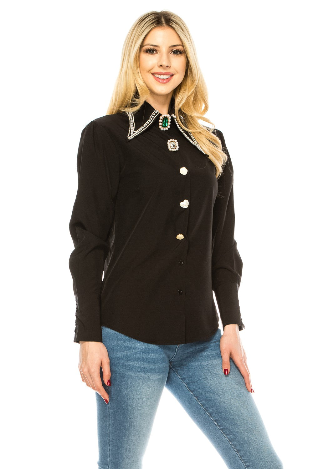 Red Women Button Down Long Sleeve Blouse