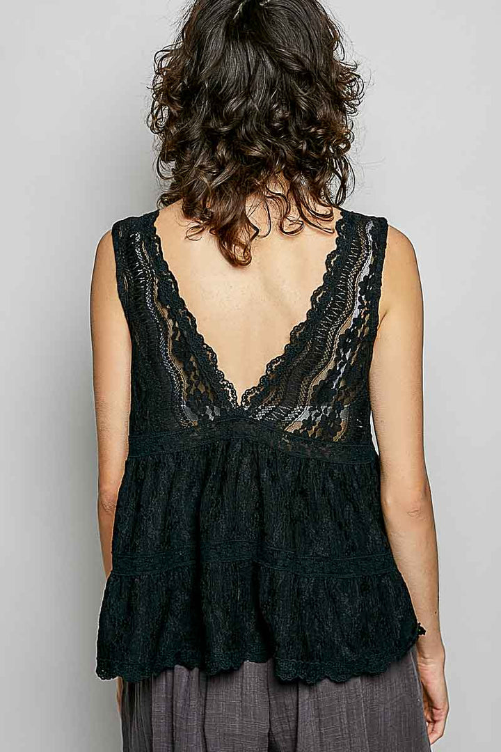 Pol Deep V Neck Scalloped Lace Sleeveless Top