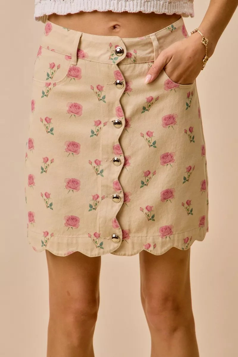 Ivory/Pink So Me Floral Rose Print Cotton Twill Scallop Mini Skirt