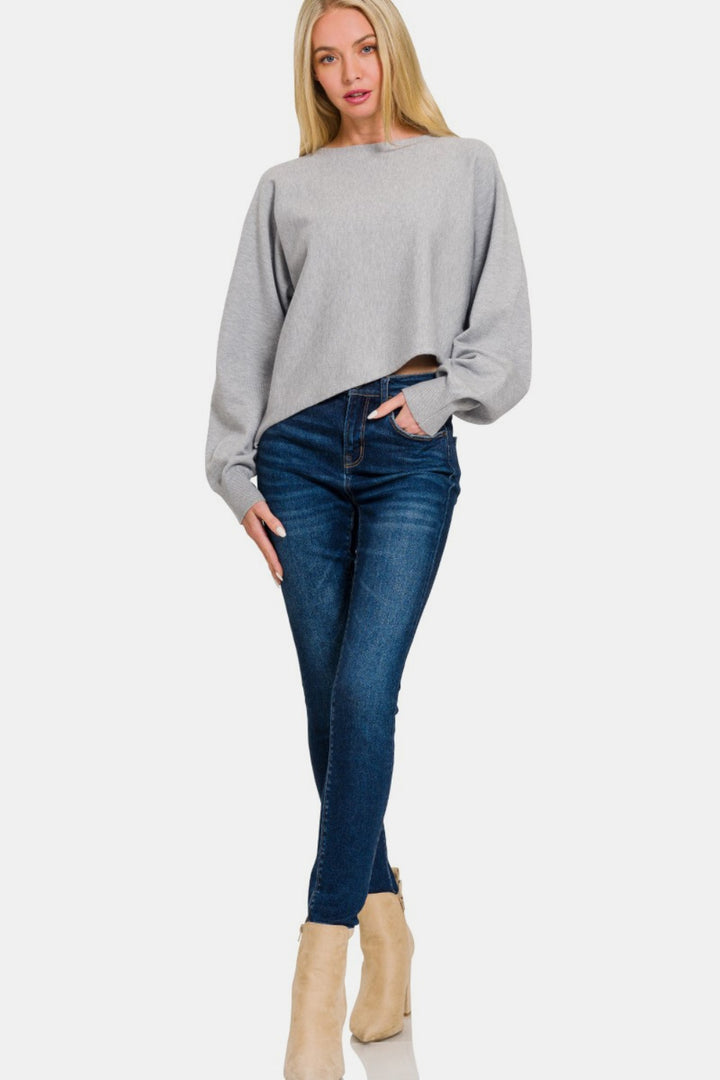 H Grey Zenana Asymmetric Hem Long Sleeve Sweater