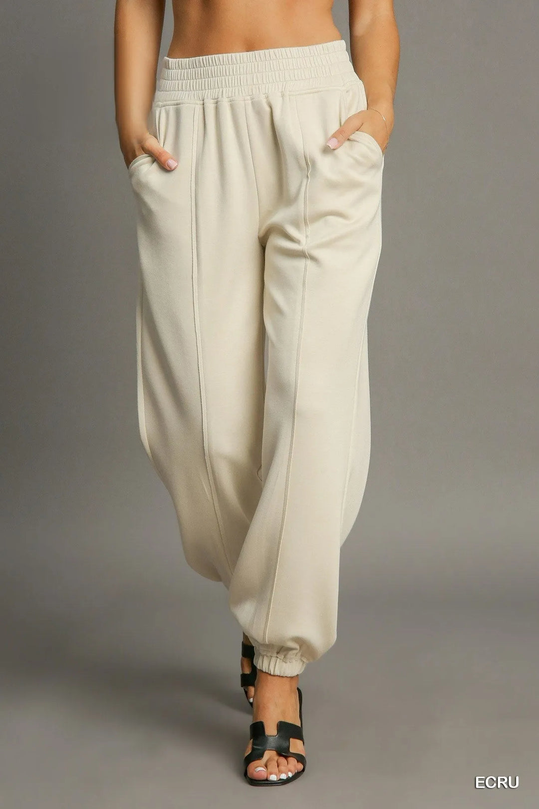 Ecru Umgee Drawstring Jogger Pants With Front Seam Detail 3