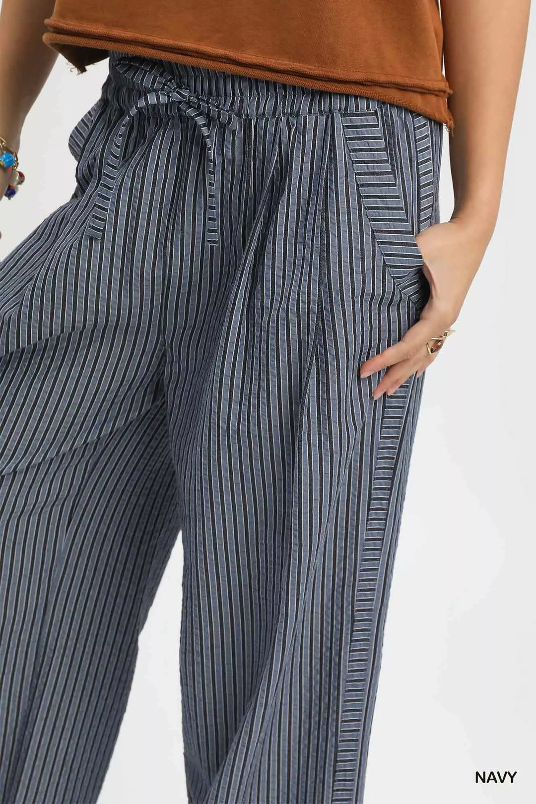 Umgee Drawstring Striped Wide Leg Pants