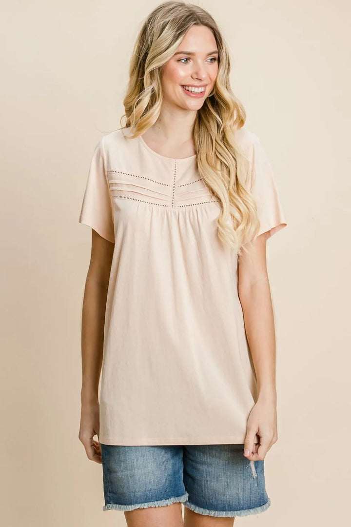 Peach Cotton Bleu By Nu Label Eyelet Round Neck Short Sleeve T Shirt
