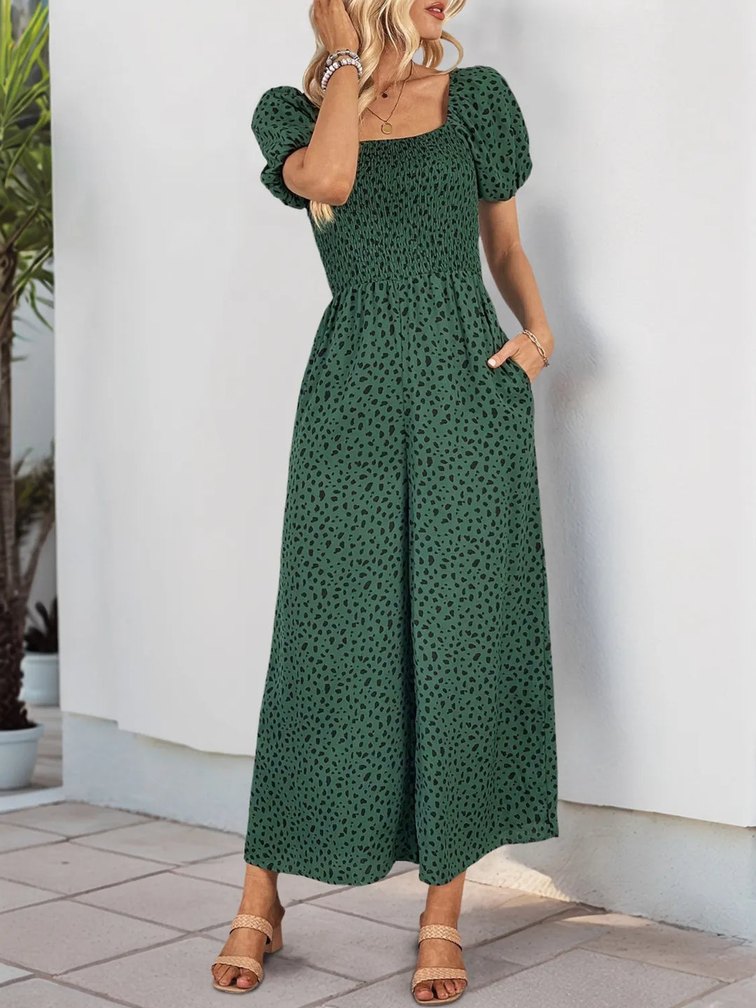 Dark Green Printed Square Neck Puff Sleeve Jumpsuit