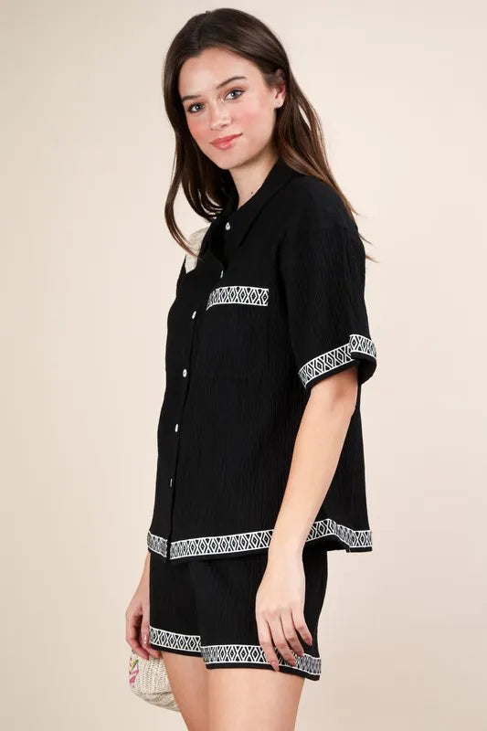Black Very J Crinkled Woven Shirt Top Shorts Set