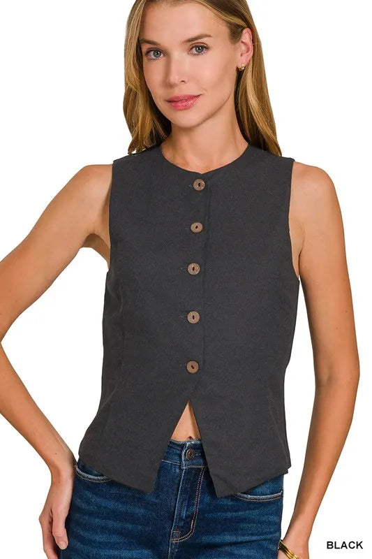Black Zenana Linen Button Down Vest