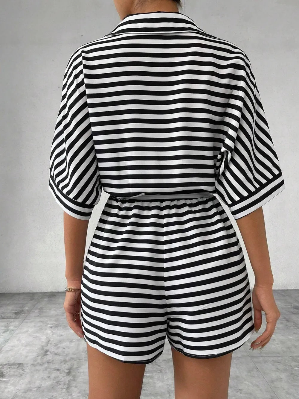 Black Tie Waist Half Button Striped Romper