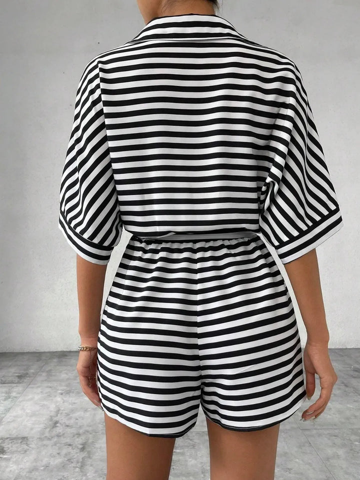 Black Tie Waist Half Button Striped Romper
