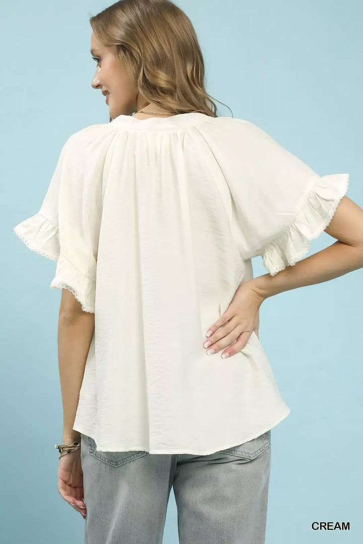 Cream Umgee Ruffle Sleeve V Neck Flutter Blouse 1