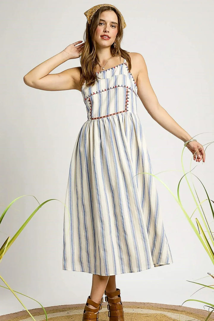 Light Blue Umgee Striped Colorful Embroidered Trim Cami Dress 1