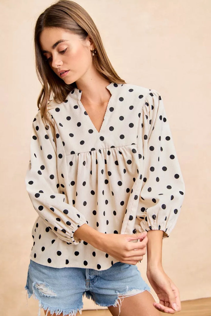 Ivory/Black Bibi Polka Dot Corduroy Quarter Sleeves V Neck Blouse