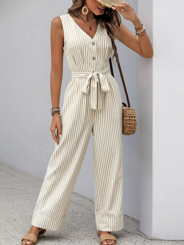 Khaki Striped Button Front Wide Leg Jumpsuit