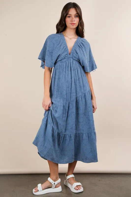 Denim Very J Mineral Washed Elastic Neck Detail Midi Dress 1
