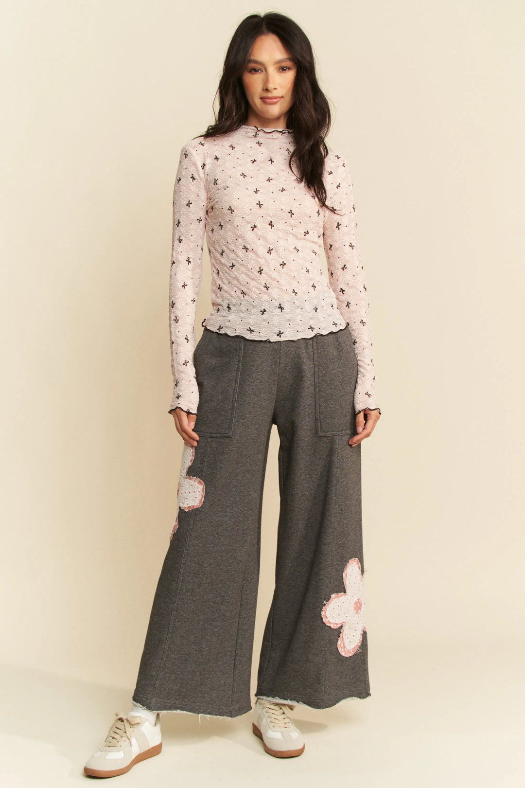 Davi Dani Ribbon Bow Lace Hem Long Sleeve Mesh Layering Top