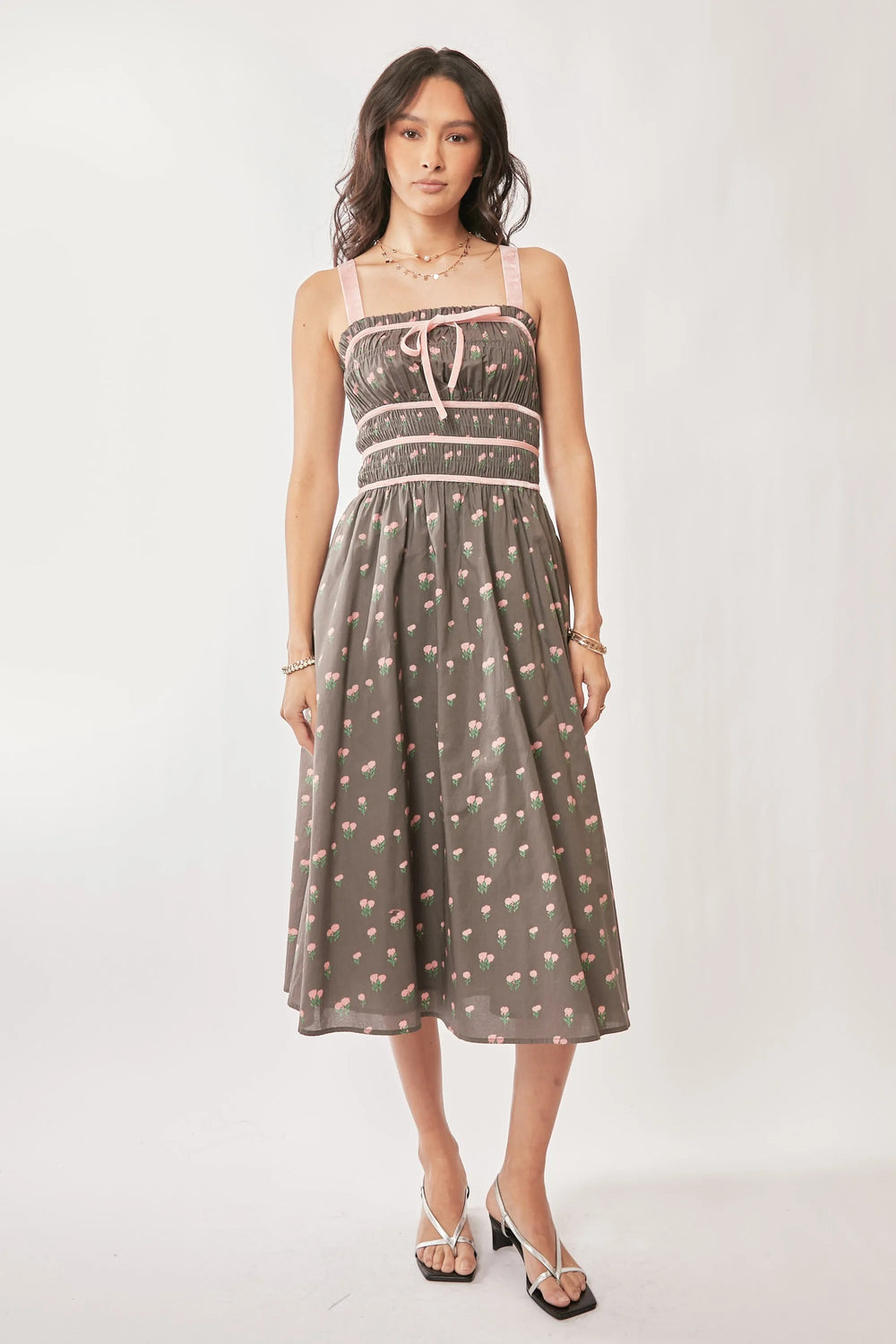 Mocha Brown Davi Dani Contrast Velvet Tape Smocking Bodice Midi Dress 1