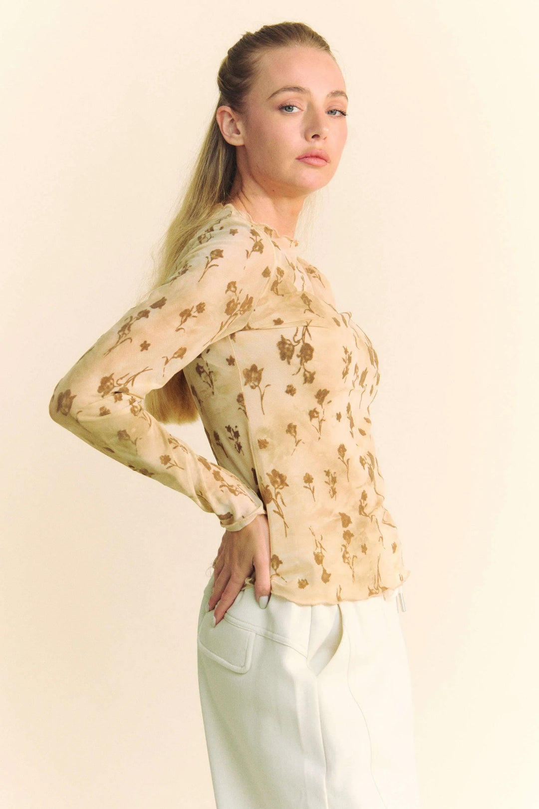 Cream Latte Davi Dani Floral Mesh Long Sleeve Sheer Layering Top