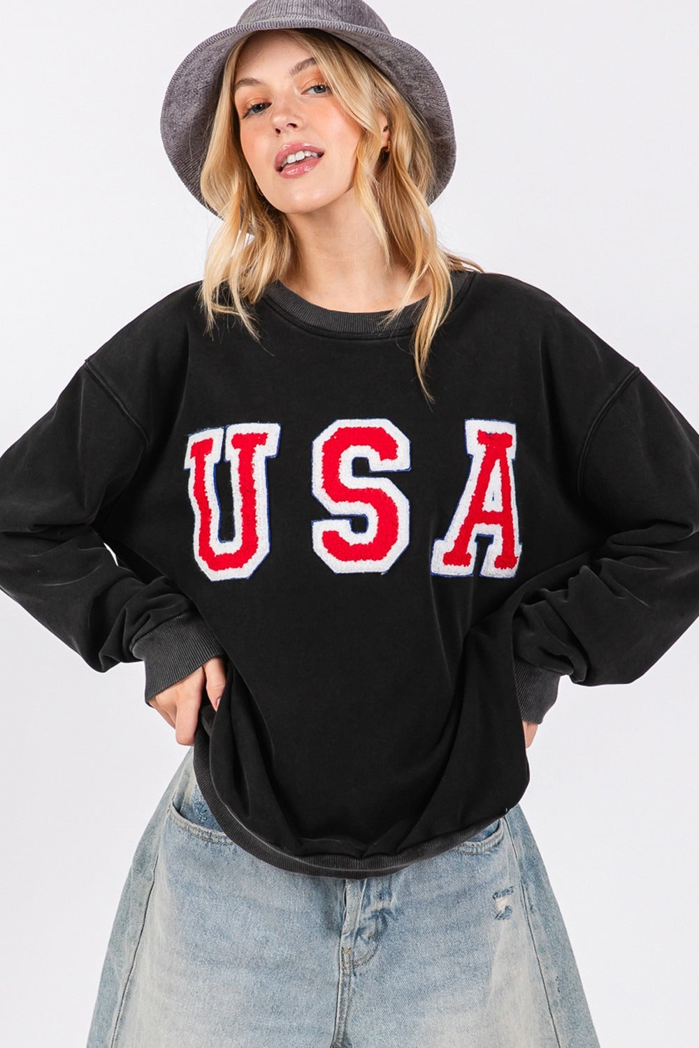 Sage Fig Usa Letter Patch Round Neck Sweatshirt
