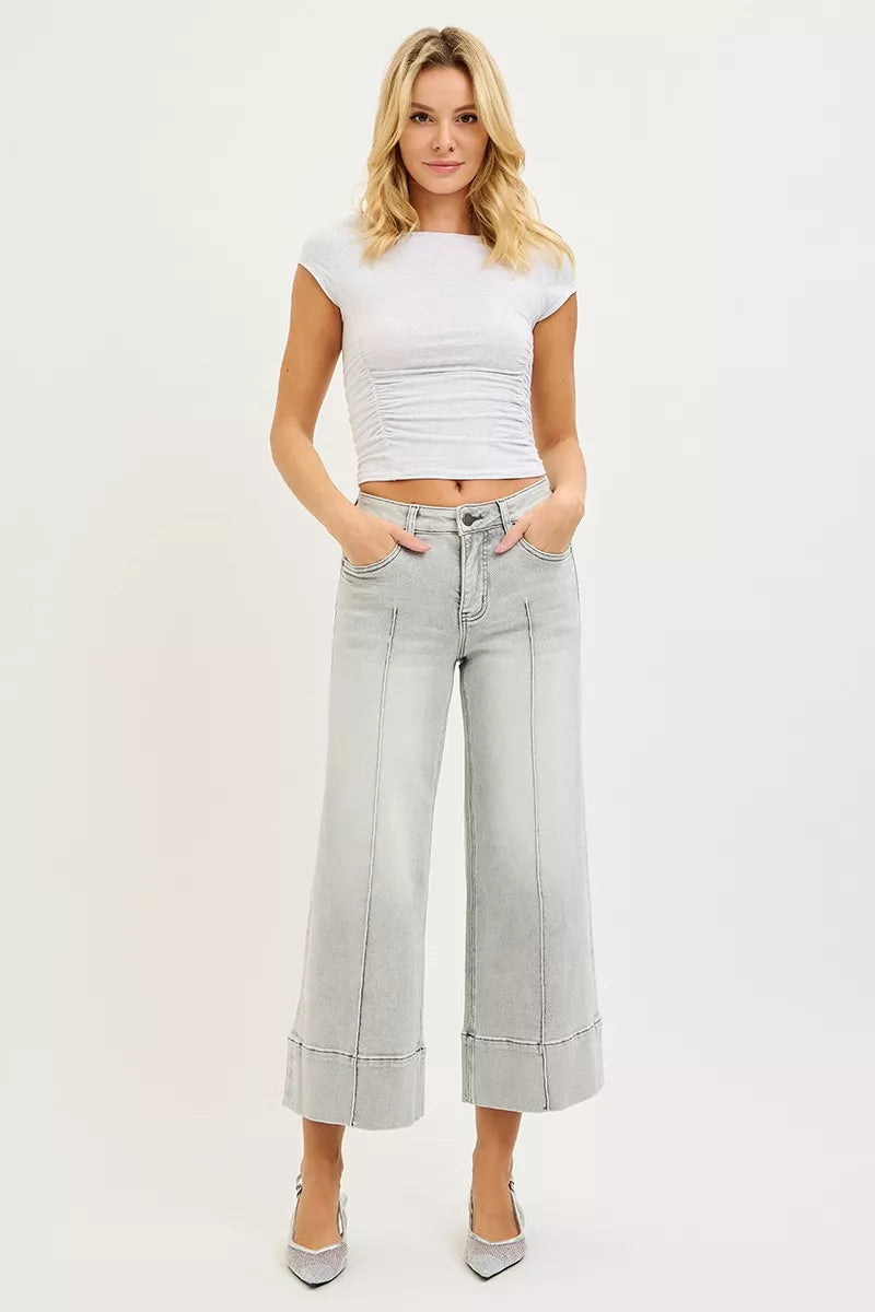 Light Grey Risen Tummy Control Mid Rise Crop Wide Pintuck Front Jeans