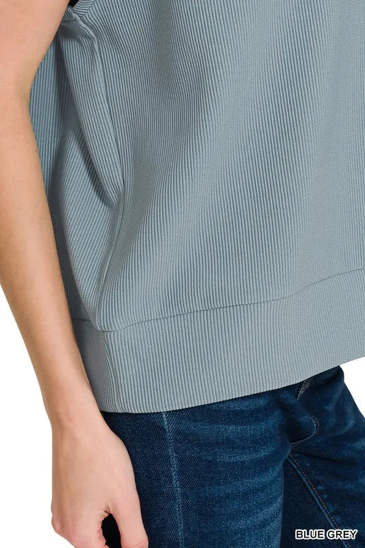 Blue Grey Zenana Ribbed High Neck Half Zip Top